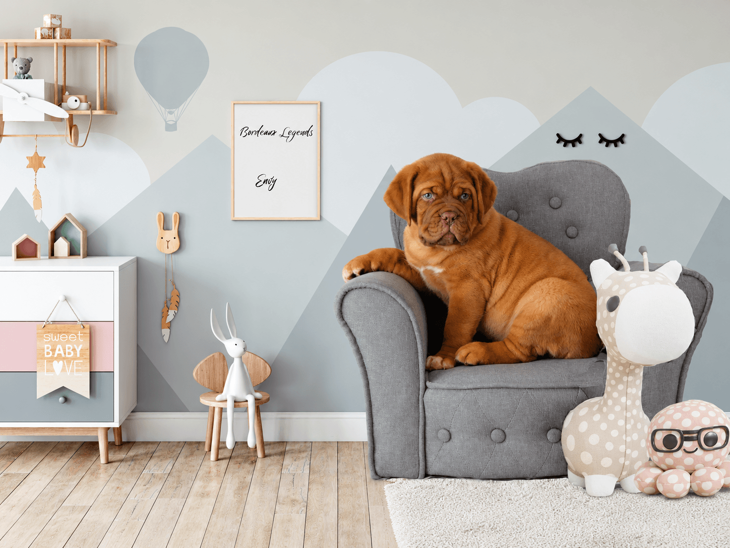 Envy as a puppy sitting in a nursery chair