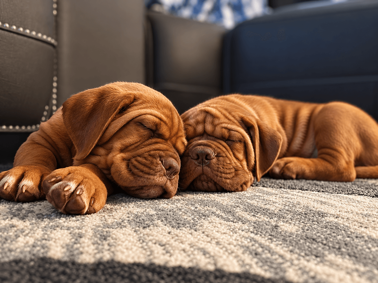 Two Bordeaux Legends puppies sleeping together in the family home