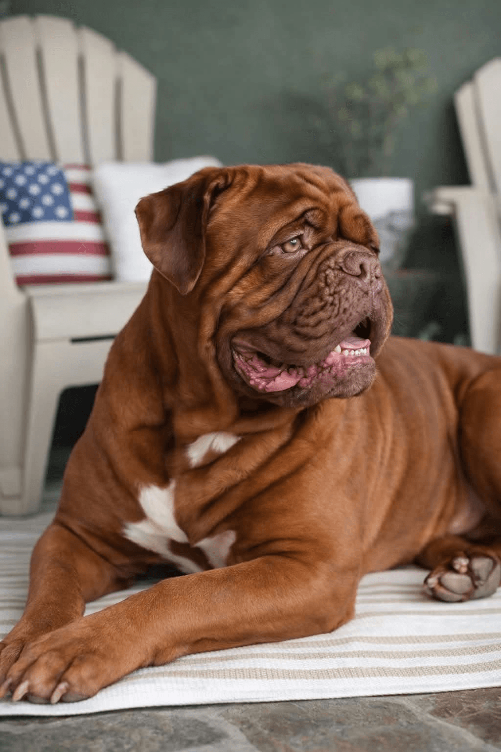 Adult Dogue de Bordeaux relaxing on a porch