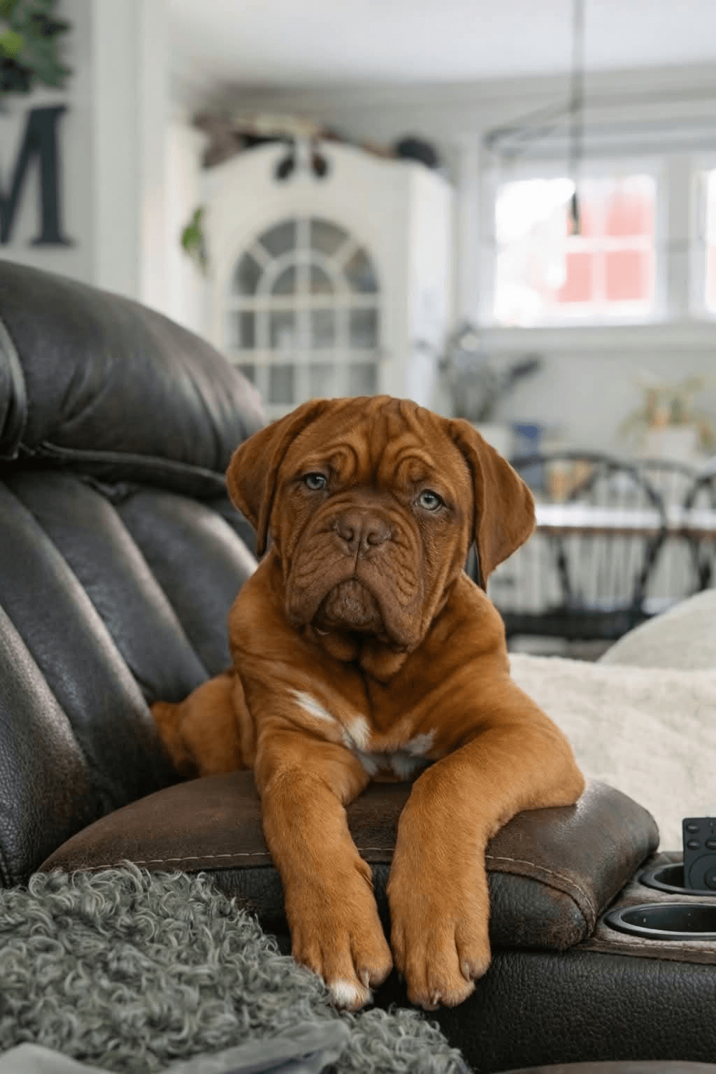 Dogue de Bordeaux puppy relaxing at home